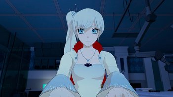 Movie still from “Justice League x RWBY: Super Heroes and Huntsmen Part Two” (2023), directed by Yssa Badiola – A woman with long white hair and blue eyes; Medium shot, Low angle
