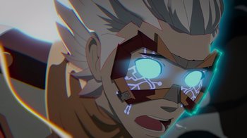 Movie still from “Justice League x RWBY: Super Heroes and Huntsmen Part Two” (2023), directed by Yssa Badiola – An animated character with a glowing blue eye; Extreme Close Up shot, Low angle