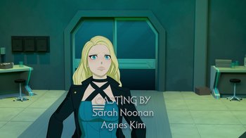 Movie still from “Justice League x RWBY: Super Heroes and Huntsmen Part Two” (2023), directed by Yssa Badiola – An animated woman in a black outfit with a blue background; Medium shot, High angle