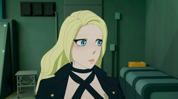 Movie still from “Justice League x RWBY: Super Heroes and Huntsmen Part Two” (2023), directed by Yssa Badiola – A woman with long blonde hair wearing a black jacket; Close Up shot, Over the shoulder angle