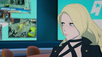 Movie still from “Justice League x RWBY: Super Heroes and Huntsmen Part Two” (2023), directed by Yssa Badiola – A woman with blonde hair and a black shirt; Close Up shot, Over the shoulder angle
