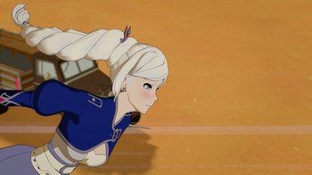 Movie still from “Justice League x RWBY: Super Heroes and Huntsmen Part Two” (2023), directed by Yssa Badiola – An animated character is flying through the air; Close Up shot, High angle