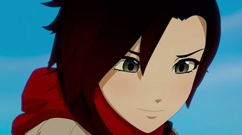 Movie still from “Justice League x RWBY: Super Heroes and Huntsmen Part Two” (2023), directed by Yssa Badiola – A woman's face with a scarf around her neck; Extreme Close Up shot, Overhead angle