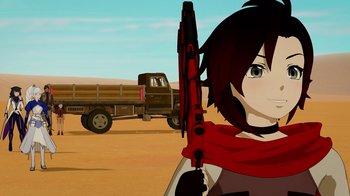 Movie still from “Justice League x RWBY: Super Heroes and Huntsmen Part Two” (2023), directed by Yssa Badiola – A woman holding a gun while standing in front of a truck; Close Up shot, Over the shoulder angle