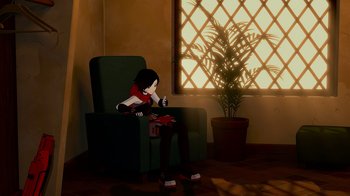 Movie still from “Justice League x RWBY: Super Heroes and Huntsmen Part Two” (2023), directed by Yssa Badiola – A person sitting in a chair in front of a window; Wide shot, High angle
