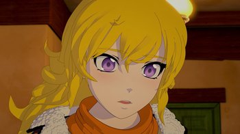 Movie still from “Justice League x RWBY: Super Heroes and Huntsmen Part Two” (2023), directed by Yssa Badiola – A person wearing a scarf with purple eyes; Close Up shot, High angle