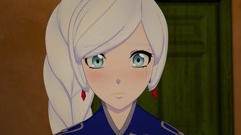 Movie still from “Justice League x RWBY: Super Heroes and Huntsmen Part Two” (2023), directed by Yssa Badiola – An animated picture of a woman with white hair and blue eyes; Close Up shot, Over the shoulder angle