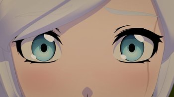 Movie still from “Justice League x RWBY: Super Heroes and Huntsmen Part Two” (2023), directed by Yssa Badiola – View of the eyes of an anime character; Extreme Close Up shot, Overhead angle