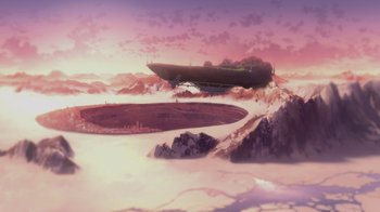 Movie still from “Justice League x RWBY: Super Heroes and Huntsmen Part Two” (2023), directed by Yssa Badiola – An illustration of an alien ship in the middle of the desert; Extreme Wide shot, High angle