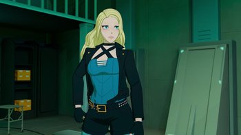 Movie still from “Justice League x RWBY: Super Heroes and Huntsmen Part Two” (2023), directed by Yssa Badiola – A woman with blonde hair and a blue shirt; Medium shot, Over the shoulder angle