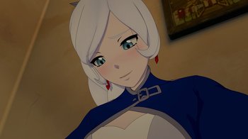 Movie still from “Justice League x RWBY: Super Heroes and Huntsmen Part Two” (2023), directed by Yssa Badiola – An animated picture of a woman with white hair and blue eyes; Close Up shot, Over the shoulder angle