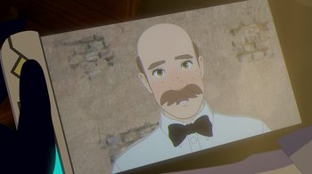 Movie still from “Justice League x RWBY: Super Heroes and Huntsmen Part Two” (2023), directed by Yssa Badiola – An animated picture of a man with a mustache and a bow tie; Extreme Close Up shot, Over the shoulder angle
