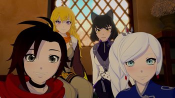 Movie still from “Justice League x RWBY: Super Heroes and Huntsmen Part Two” (2023), directed by Yssa Badiola – A group of anime girls sitting next to each other; Close Up shot, Low angle