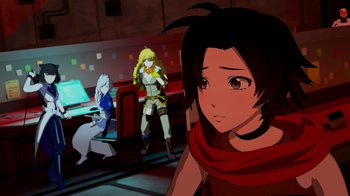 Movie still from “Justice League x RWBY: Super Heroes and Huntsmen Part Two” (2023), directed by Yssa Badiola – A girl in a red shirt is looking at the camera; Medium shot, Over the shoulder angle