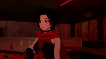 Movie still from “Justice League x RWBY: Super Heroes and Huntsmen Part Two” (2023), directed by Yssa Badiola – A woman with a red scarf standing in a room; Medium shot, Over the shoulder angle