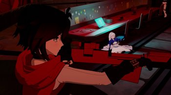 Movie still from “Justice League x RWBY: Super Heroes and Huntsmen Part Two” (2023), directed by Yssa Badiola – An animated picture of a girl and a boy; Wide shot, Over the shoulder angle