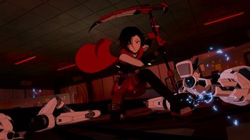 Movie still from “Justice League x RWBY: Super Heroes and Huntsmen Part Two” (2023), directed by Yssa Badiola – An animated woman with a scythe in a room; Wide shot, Low angle