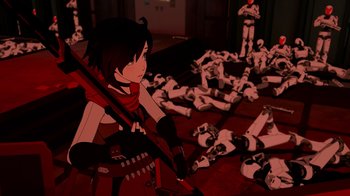 Movie still from “Justice League x RWBY: Super Heroes and Huntsmen Part Two” (2023), directed by Yssa Badiola – An animated picture of a girl holding a gun in front of a group of people; Wide shot, High angle