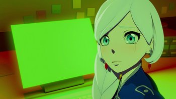Movie still from “Justice League x RWBY: Super Heroes and Huntsmen Part Two” (2023), directed by Yssa Badiola – A woman with white hair is looking at a computer screen; Close Up shot, High angle