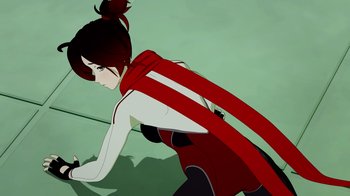 Movie still from “Justice League x RWBY: Super Heroes and Huntsmen Part Two” (2023), directed by Yssa Badiola – An illustration of a woman in a red and white outfit; Close Up shot, High angle