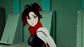 Movie still from “Justice League x RWBY: Super Heroes and Huntsmen Part Two” (2023), directed by Yssa Badiola – An animated woman wearing a red scarf and a black jacket; Close Up shot, Over the shoulder angle
