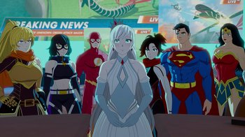 Movie still from “Justice League x RWBY: Super Heroes and Huntsmen Part Two” (2023), directed by Yssa Badiola – A group of people standing next to each other in a room; Medium shot, Over the shoulder angle