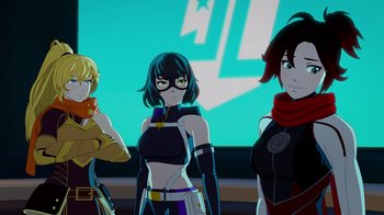 Movie still from “Justice League x RWBY: Super Heroes and Huntsmen Part Two” (2023), directed by Yssa Badiola – A group of three women standing next to each other in front of a projector screen; Medium shot, Low angle