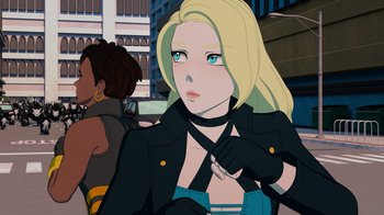 Movie still from “Justice League x RWBY: Super Heroes and Huntsmen Part Two” (2023), directed by Yssa Badiola – An animated picture of a woman in a black jacket; Close Up shot, Over the shoulder angle