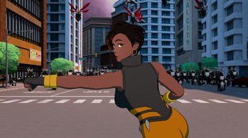 Movie still from “Justice League x RWBY: Super Heroes and Huntsmen Part Two” (2023), directed by Yssa Badiola – An animated woman is running in the street; Medium shot, Low angle