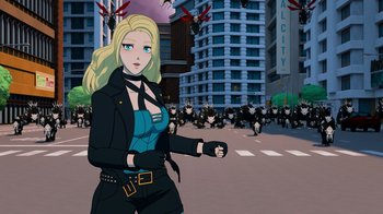 Movie still from “Justice League x RWBY: Super Heroes and Huntsmen Part Two” (2023), directed by Yssa Badiola – An animated picture of a woman in a black jacket; Wide shot, High angle