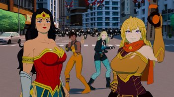 Movie still from “Justice League x RWBY: Super Heroes and Huntsmen Part Two” (2023), directed by Yssa Badiola – A group of women standing next to each other in front of a crowd; Wide shot, Low angle