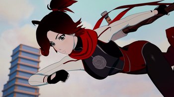 Movie still from “Justice League x RWBY: Super Heroes and Huntsmen Part Two” (2023), directed by Yssa Badiola – An animated woman flying through the air with a red scarf around her neck; Medium shot, Overhead angle