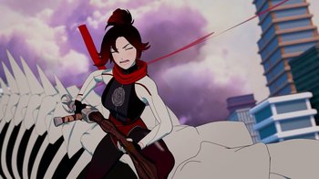 Movie still from “Justice League x RWBY: Super Heroes and Huntsmen Part Two” (2023), directed by Yssa Badiola – An animated woman holding a gun in her hand; Medium shot, Low angle