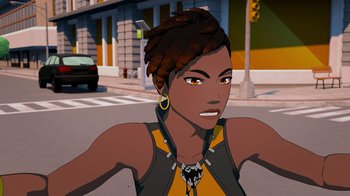 Movie still from “Justice League x RWBY: Super Heroes and Huntsmen Part Two” (2023), directed by Yssa Badiola – An animated woman is standing in the street; Close Up shot, Over the shoulder angle