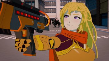 Movie still from “Justice League x RWBY: Super Heroes and Huntsmen Part Two” (2023), directed by Yssa Badiola – A woman holding a gun in front of a building; Close Up shot, Over the shoulder angle