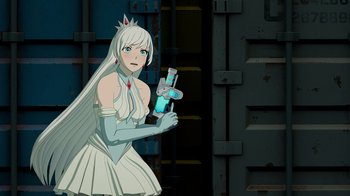 Movie still from “Justice League x RWBY: Super Heroes and Huntsmen Part Two” (2023), directed by Yssa Badiola – An animated woman in a white dress holding a screwdriver; Medium shot, Over the shoulder angle