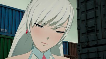 Movie still from “Justice League x RWBY: Super Heroes and Huntsmen Part Two” (2023), directed by Yssa Badiola – A woman with white hair is looking down at her face; Close Up shot, High angle