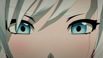 Movie still from “Justice League x RWBY: Super Heroes and Huntsmen Part Two” (2023), directed by Yssa Badiola – View of the eyes of a person; Extreme Close Up shot, Overhead angle