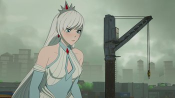 Movie still from “Justice League x RWBY: Super Heroes and Huntsmen Part Two” (2023), directed by Yssa Badiola – An animated woman in a blue dress and a red crown; Medium shot, Over the shoulder angle