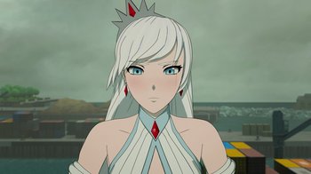 Movie still from “Justice League x RWBY: Super Heroes and Huntsmen Part Two” (2023), directed by Yssa Badiola – An animated woman with white hair wearing a white dress; Close Up shot, Low angle