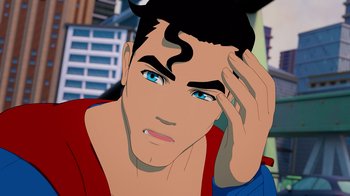 Movie still from “Justice League x RWBY: Super Heroes and Huntsmen Part Two” (2023), directed by Yssa Badiola – A cartoon of a young man with blue eyes; Close Up shot, High angle