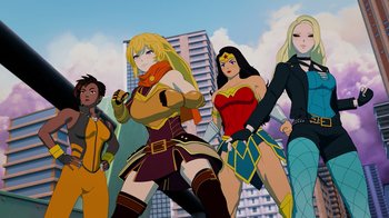 Movie still from “Justice League x RWBY: Super Heroes and Huntsmen Part Two” (2023), directed by Yssa Badiola – A group of women standing next to each other in front of a building; Wide shot, Low angle