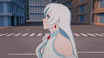 Movie still from “Justice League x RWBY: Super Heroes and Huntsmen Part Two” (2023), directed by Yssa Badiola – An animated woman with long white hair and red earrings; Close Up shot, Low angle