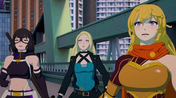 Movie still from “Justice League x RWBY: Super Heroes and Huntsmen Part Two” (2023), directed by Yssa Badiola – A group of people standing next to each other on a street; Medium shot, High angle