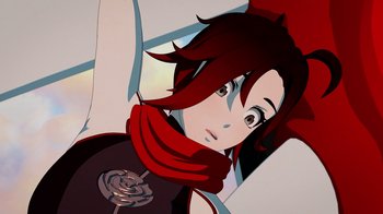 Movie still from “Justice League x RWBY: Super Heroes and Huntsmen Part Two” (2023), directed by Yssa Badiola – A woman with red hair and a red scarf is holding an umbrella; Close Up shot, High angle