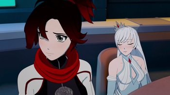 Movie still from “Justice League x RWBY: Super Heroes and Huntsmen Part Two” (2023), directed by Yssa Badiola – Two anime characters sitting next to each other; Close Up shot, Over the shoulder angle