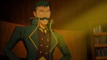 Movie still from “Justice League x RWBY: Super Heroes and Huntsmen Part Two” (2023), directed by Yssa Badiola – A man with a mustache wearing a green jacket; Medium shot, Low angle