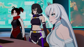 Movie still from “Justice League x RWBY: Super Heroes and Huntsmen Part Two” (2023), directed by Yssa Badiola – A group of women standing next to each other in a room; Medium shot, Low angle