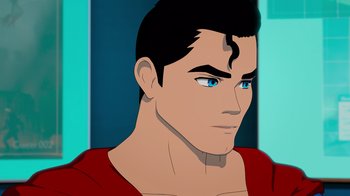 Movie still from “Justice League x RWBY: Super Heroes and Huntsmen Part Two” (2023), directed by Yssa Badiola – A cartoon of a man with blue eyes looking into the distance; Close Up shot, Over the shoulder angle