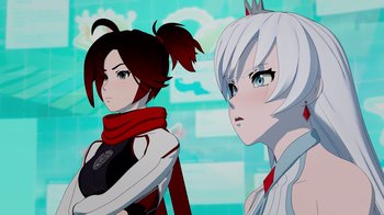Movie still from “Justice League x RWBY: Super Heroes and Huntsmen Part Two” (2023), directed by Yssa Badiola – Two anime girls standing next to each other in front of a blue background; Close Up shot, Over the shoulder angle